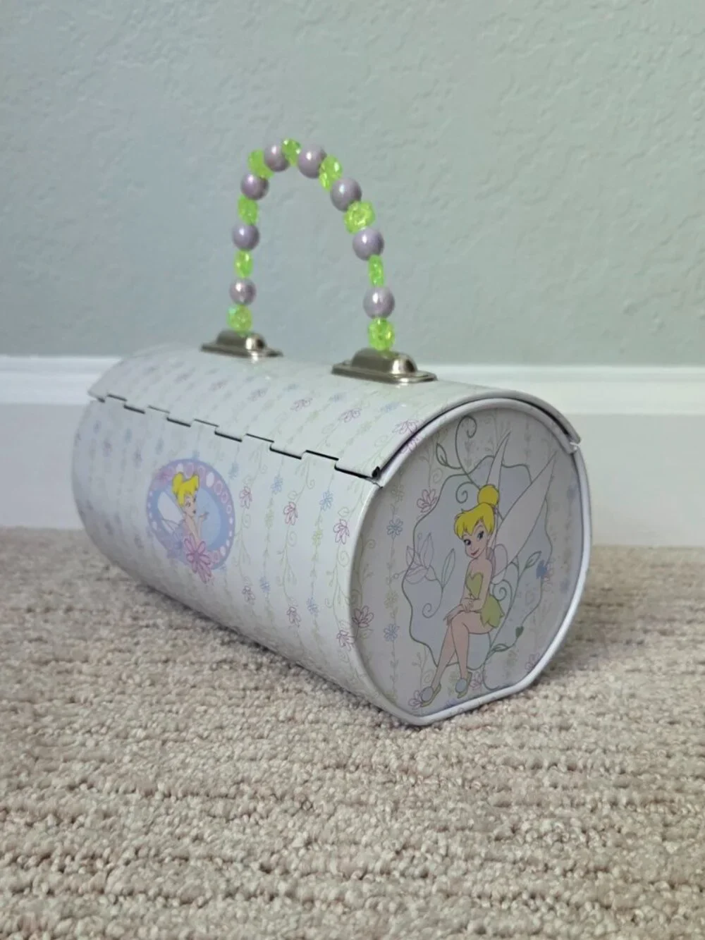 Lot Vintage Disney Fairy TINKER BELL Round Backpack and Beaded Handled Tin Box